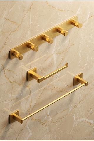 Premium Gold Alüminyum Tuvalet Kağıtlığı+5'li Havlu Bornoz Askısı+büyük Havlu Askısı Yapışkanlı Altın