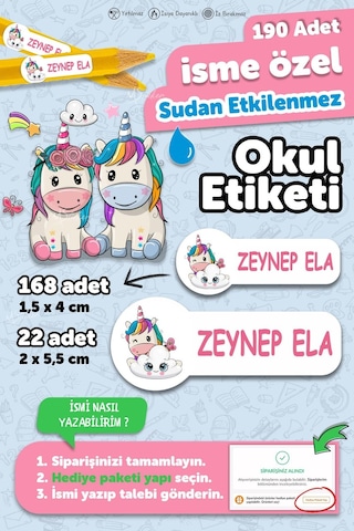Okul Etiketi Kalem Defter İsimli Etiket Isim Yazılabilen Unicorn Temalı - 190 Adet Özel Yeni Tasarım