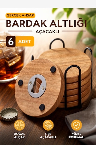Ahşap Bardak Altlığı 6'lı Set Ahşap Şişe Açacaklı Stantlı Bardak Altlığı Sunum Seti Bardakaltligi, One Size