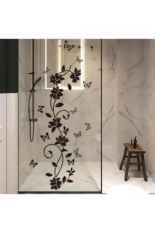 Gajeena Siyah Çiçek Asma Kelebek Duvar Sticker, Kaldırılabilir Vinyl Otostik Ev Dekoru, Banyo Oturma Odası Yatak Odası Dekoratif 90x30cm Siyah