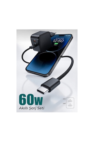 60w Çift Portlu Usb-c Hızlı Şarj Aleti Pd Type-c To Type-c Örgü Kablolu Adaptör