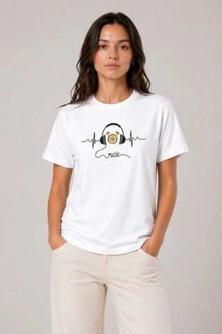 Defymoda Müzik Temalı Baskılı Tişört Bisiklet Yaka Kısa Kol T-shirt - Beyaz