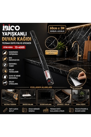 3mt X 60cm Siyah Mermer Desenli Tezgah Üstü Folyo Sticker - Duvar Kağıt Kendinden Yapışkanlı - Eko Dekorasyon - Dayanıklı 5705
