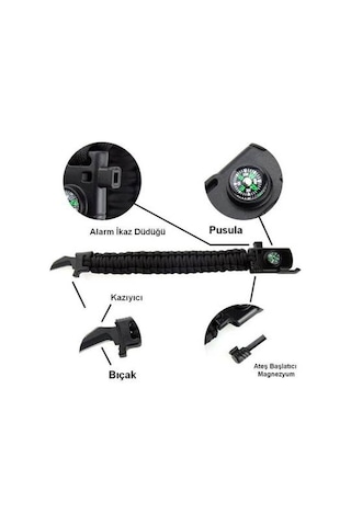 Paracord Survival Bileklik Bıçak Pusula Ateş Başlatıcı Magnezyum Siyah