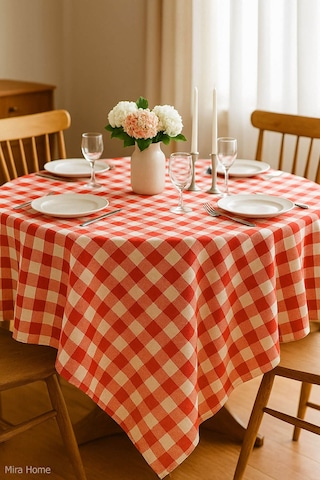 Mira Home Kareli Masa Örtüsü Sofra Bezi 160x160 Cm Happytime Kırmızı