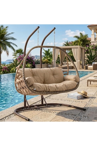 Malta Çiftli Rattan Bahçe Salıncağı Açık Kahve Çok Renkli