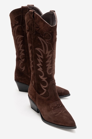 Luvishoes Matıas Kahverengi Süet Hakiki Deri Kadın Nakışlı Western Çizme Kahverengi