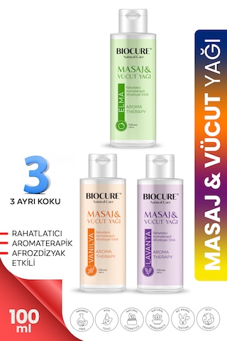 Biocure Elma + Lavanta + Vanilya Özlü Masaj ve Vücut Bakım Yağı 3 x 100 ML
