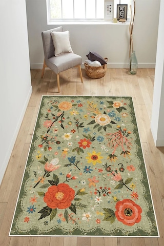 Floral Desen Baskılı Kaymaz Yıkanabilir Salon Oturma Odası Mutfak Antre Halısı Yolluk Yeşil