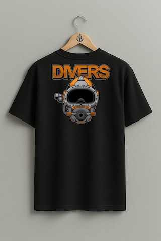 Oversize Divers Dalgıç Başlığı Cep Ve Sırt Tasarımlı Unisex T-shirt Siyah