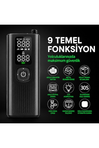 Kablosuz Akıllı Hava Pompası 120 Psı Dijital Göstergeli Type-c Şarjlı Lastik Şişirme Kompresörü Otomatik Basınç Ayarlı Led Işıklı