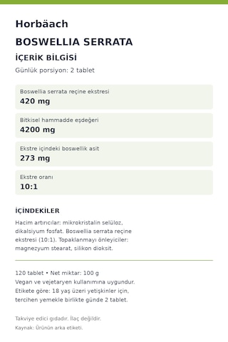 Horbäach Boswellia Serrata 4200 Mg Eşdeğer Ekstre 120 Vegan Tablet
