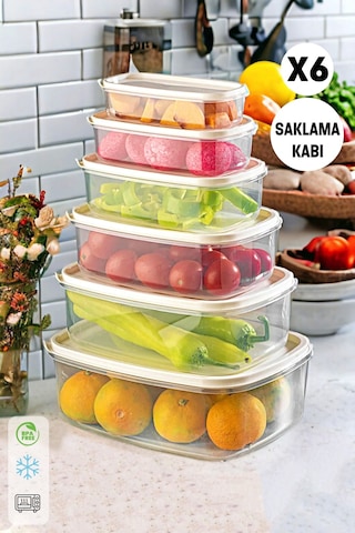 Tilbe Home 6'lı Saklama Kabı Seti Çok Amaçlı Mutfak Piknik Erzak Saklama Kabı Dikdörtgen Kapaklı Org Çok Renkli