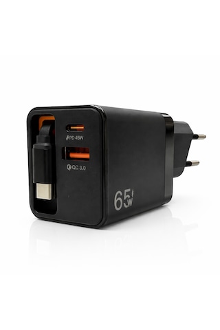 Yk Design 65w Usb Type-c + Usb Duvar Şarj Aleti 2-in-1 Qc3.0 Çekilebilir Kablolu Siyah