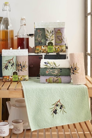 Nakışlı 3'lü Mutfak Ve El & Yüz Havlu Seti 30x50 Cm Zeytin, Nakıslımutfak Çok Renkli