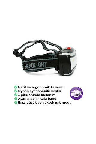 Upway 600 Lümen Pilli 3 Modlu Ergonomik Kafa Feneri Siyah