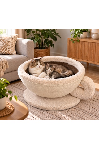 Pureza Kahve Fincanı Tasarımlı Kedi Yatağı & Sisal Tırmalama Yüzeyli Dekoratif Peluş Kedi Evi