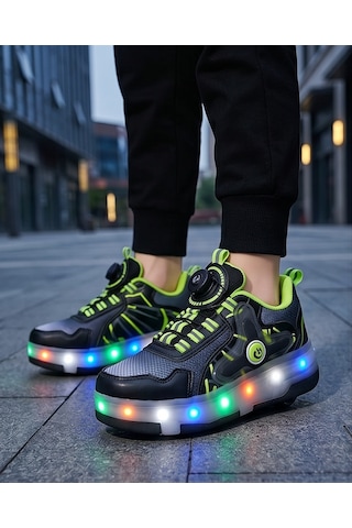 2256-n-drops Led Işıklı Çift Tekerlekli Akıllı Bağcıklı Unisex Çocuk Patenli Ayakkabı Siyah - Yeşil