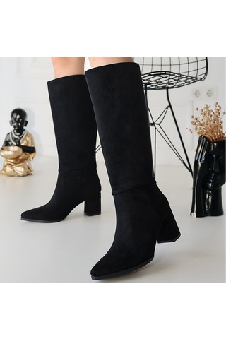 Roksa Siyah Süet Topuklu Çizme Siyah
