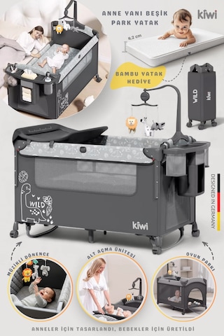 Kiwi Wildnest 3in1 Anne Yanı Park Yatak Katlanır Beşik, Tekerlekli, Yan Açılır, Müzik+oyuncak+cibinlik