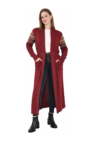 Onno Style Woman Standart Beden Kilim Desenli Uzun Triko Ceket Bordo