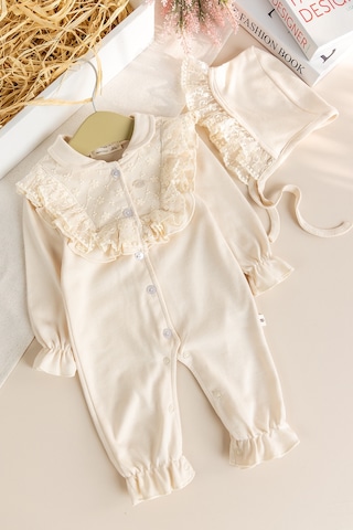 Babymod Güpürlü Şapkalı Bebe Yakalı 100% Pamuk Kız Bebek Tulum Ekru