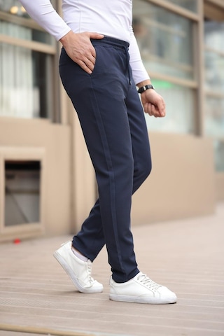 Afri Düğmesiz Kareli Kumaş Lacivert Mavisi Jogger Pantolon Lacivert