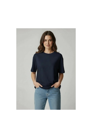 Lyvean Bisiklet Yaka Oversıze Kısa Kollu Tshirt Lacivert