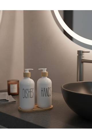 2'li Sıvı Sabun Ve Bulaşık Deterjanı Seti 500 Ml Hacimli Bambu Kapak Ve Ahşap Standlı Ahşap - Beyaz