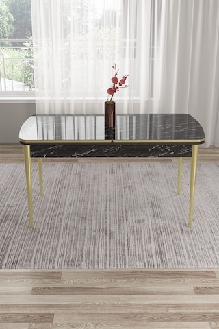 Canisa Concept Tia Serisi 80x132 Mdf Açılabilir Siyah Mermer Desen Gold Detay Masa Takımı Ve 6 Mürdüm Sandalye Masa Siyah Mermer Desen Sandalye Mürdüm