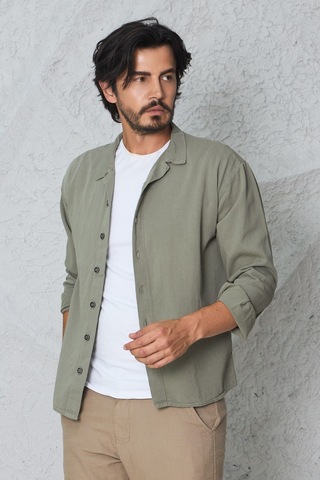 Blayn Jeans Erkek Uzun Kollu Keten Görünümlü Gömlek Oversize Kalıp Çağla