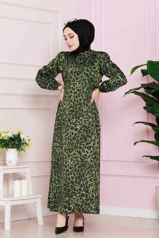 Yanı Bağcıklı Leopar Desenli Tesettür Abiye-yeşil-4683
