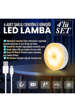 Upway 4 Adet Sensörlü Şarjlı Mıknatıslı Led Lamba Seti - 8 Ledli Günışığı Renkli Gün Işığı