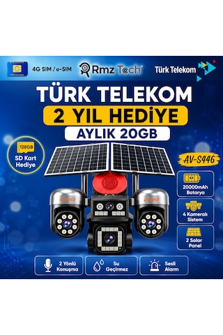 Avenir Sim Kartlı, 4 Kameralı ,güneş Enerjili, Aylık 20gb Telekom 2 Yıllık Hat, 128gb Sdkart