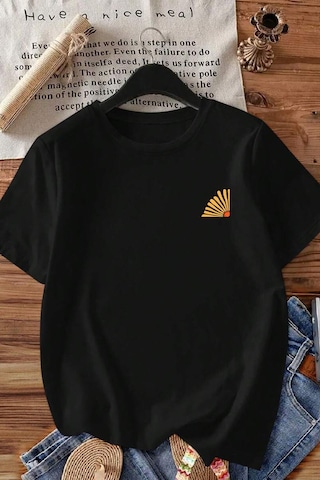 Spoyi Çiçek Marketi Tasarımlı %100 Pamuk Yarım Oversize Siyah T-shirt