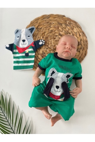 Yeşil Kedi Baskılı Tulum Kukla Hediyeli Yeşil