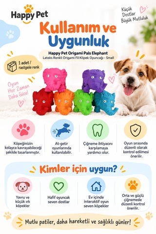 Happy Pet Origami Pals Elephant Lateks Renkli Origami Fil Köpek Oyuncağı Küçük Boy