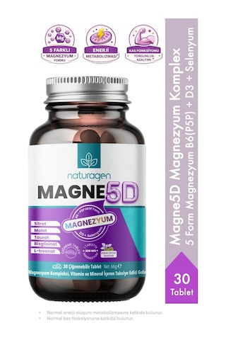 Naturagen Magne 5d Magnezyum Kompleksi 200mg 30 Çiğnenebilir Tablet P5p, D3, Selenyum Nane & Limon Aromalı