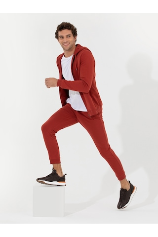Kiremit %100 Pamuk Tam Fermuarlı Kapüşonlu Sweatshirt Kırmızı