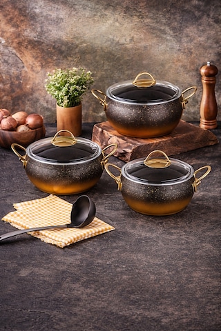 Caldora 6 Parça Granit Güveç Tencere Seti Siyah Gold Saplı - 18/20/22 Derin