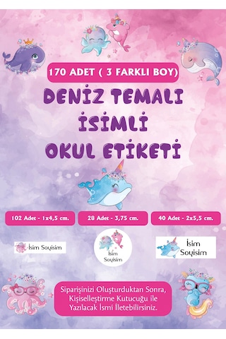 Deniz Temalı İsimli Okul Etiketi - 170 Adet Pembe