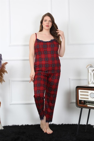 Akbeniz Kadın Büyük Beden Kırmızı Ekoseli İp Askılı Pijama Takım 202197 Kırmızı