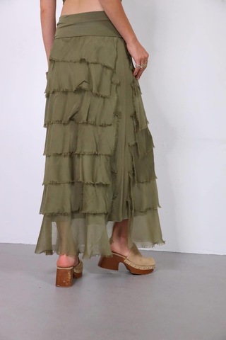 İtalyan 2 Beden Ince Gösteren Kat Kat Ipek Etek & Straplez Elbise Açık Haki