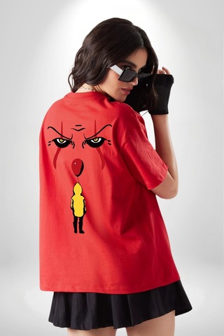 Pennywise Vs Georgie Korku Filmi Kırmızı Oversize Unisex Ön Ve Sırt Baskılı Tişört Kırmızı