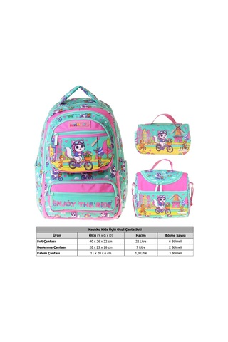 Kaukko Kids Cat Bike Yeşil - Pembe Renk Kız Çocuk Üçlü İlkokul Okul Çantası Seti/takımı - Setkk-l5328a Çok Renkli