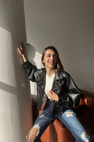 Prifaldi Pb Balon Kol Oversize Siyah Deri Ceket Siyah