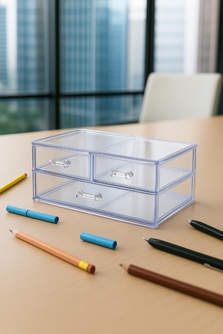 Şeffaf 3 Çekmeceli Kalemlik Düzenleyici Organizer 14 24 10 Cm Şeffaf