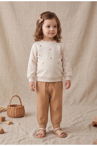Deniva Kids Kiraz Nakışlı Sweatshirt Müslin Pantolonlu 2'li Alt Üst Takım - 1 - 2 Yaş Bej