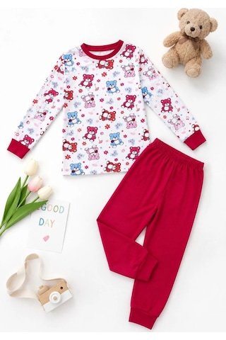 Ertaş Trend Store Kız Çocuk Premium Penye Ayıcık Desenli Uzun Kollu Pijama Takımı 2-11 Yaş - Kırmızı Çok Renkli