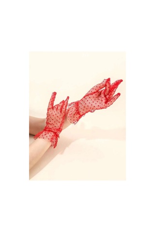 Güpürlü Tüllü Puantiyeli Şeffaf Parti Kostüm Kına Düğün & Gelin Eldiveni Kırmızı Çok Renkli